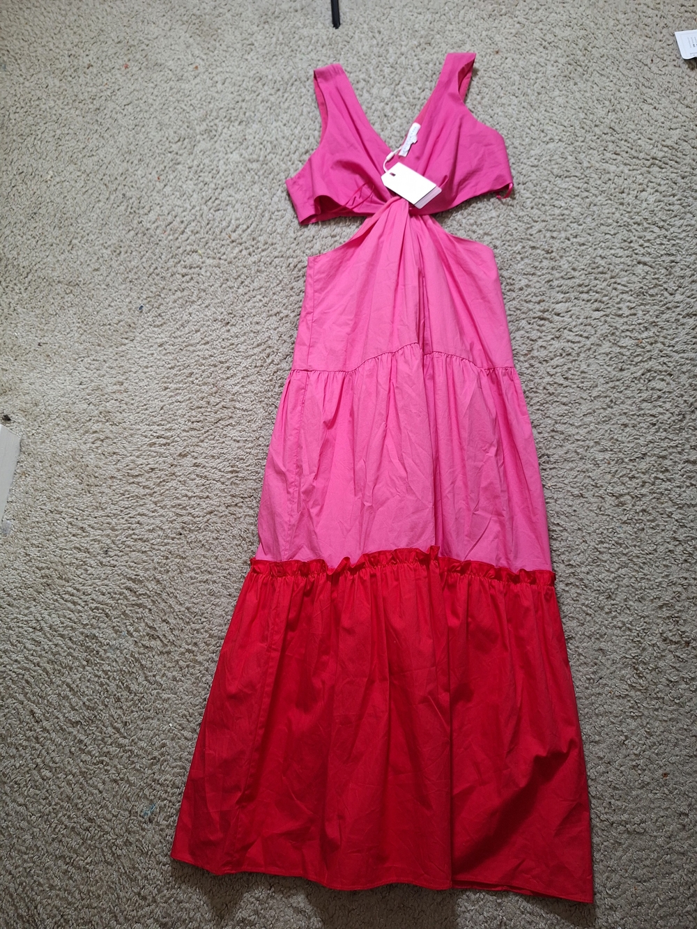 NWT Endless Rose Colorblock Cutout Maxi Dress Pink Red Tiered Ruffle Cotton Sz M - Picture 6 of 8